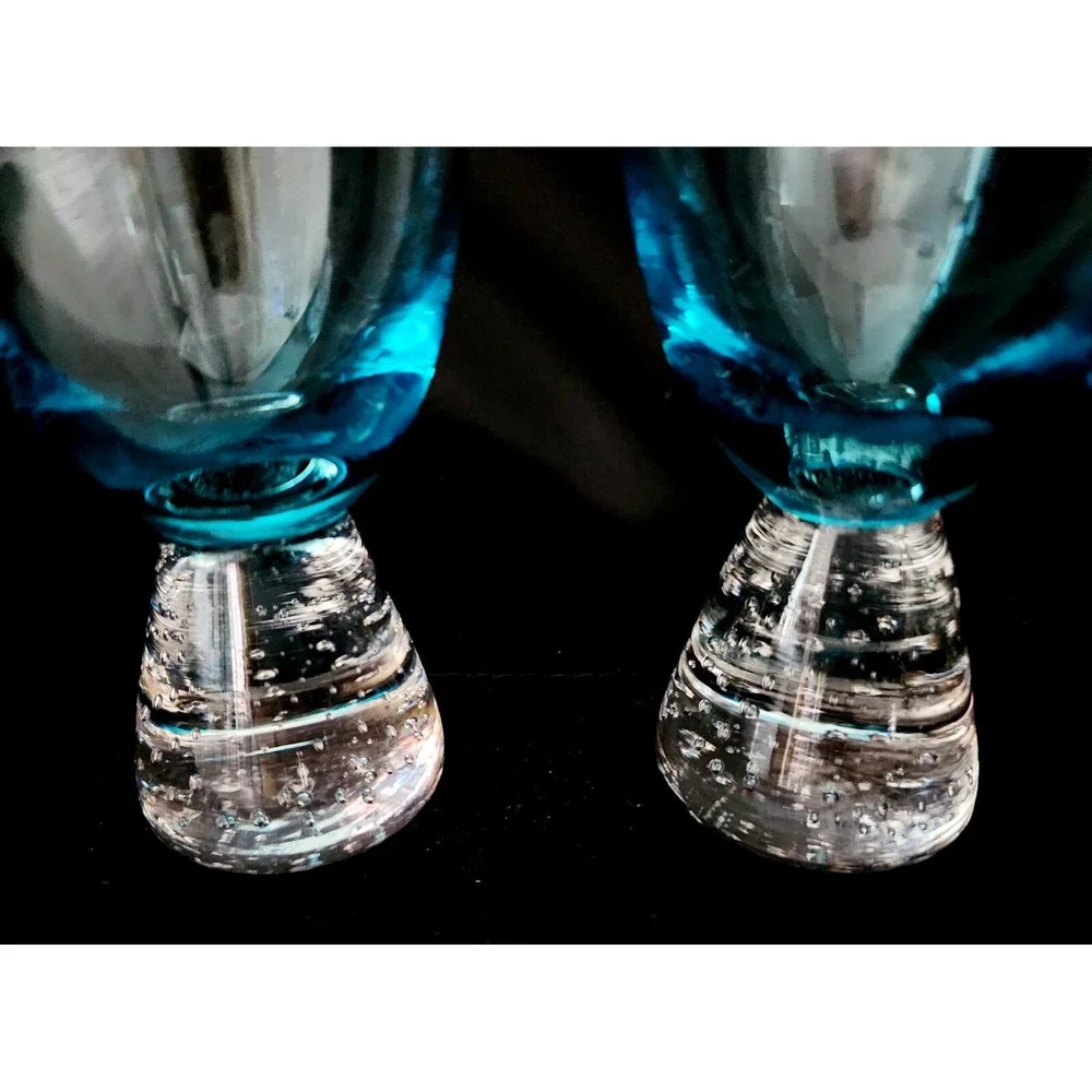 Portuguese Controlled Bubble Blue Cordial Cocktail Glasses Set Of 2
